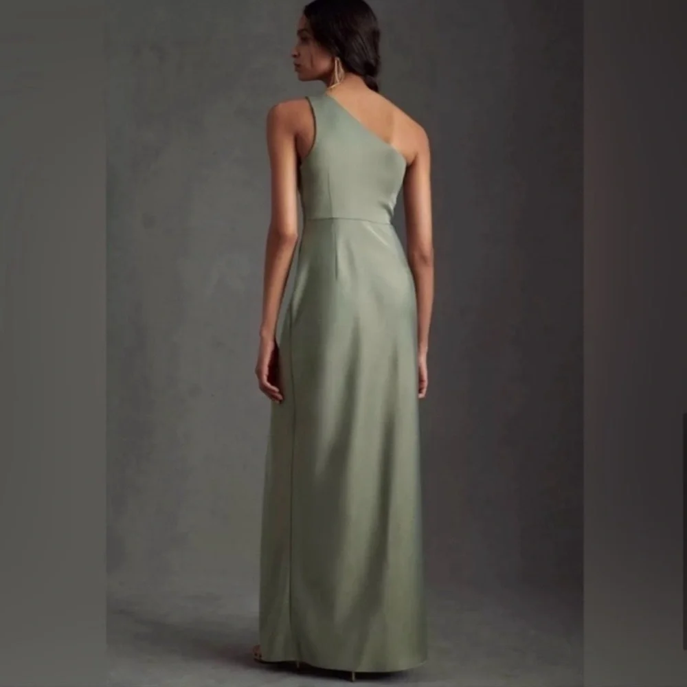 BHLDN Anthropologie Dylan One Shoulder Satin Side Slit Gown Green NEW Size 6 - Picture 12 of 13